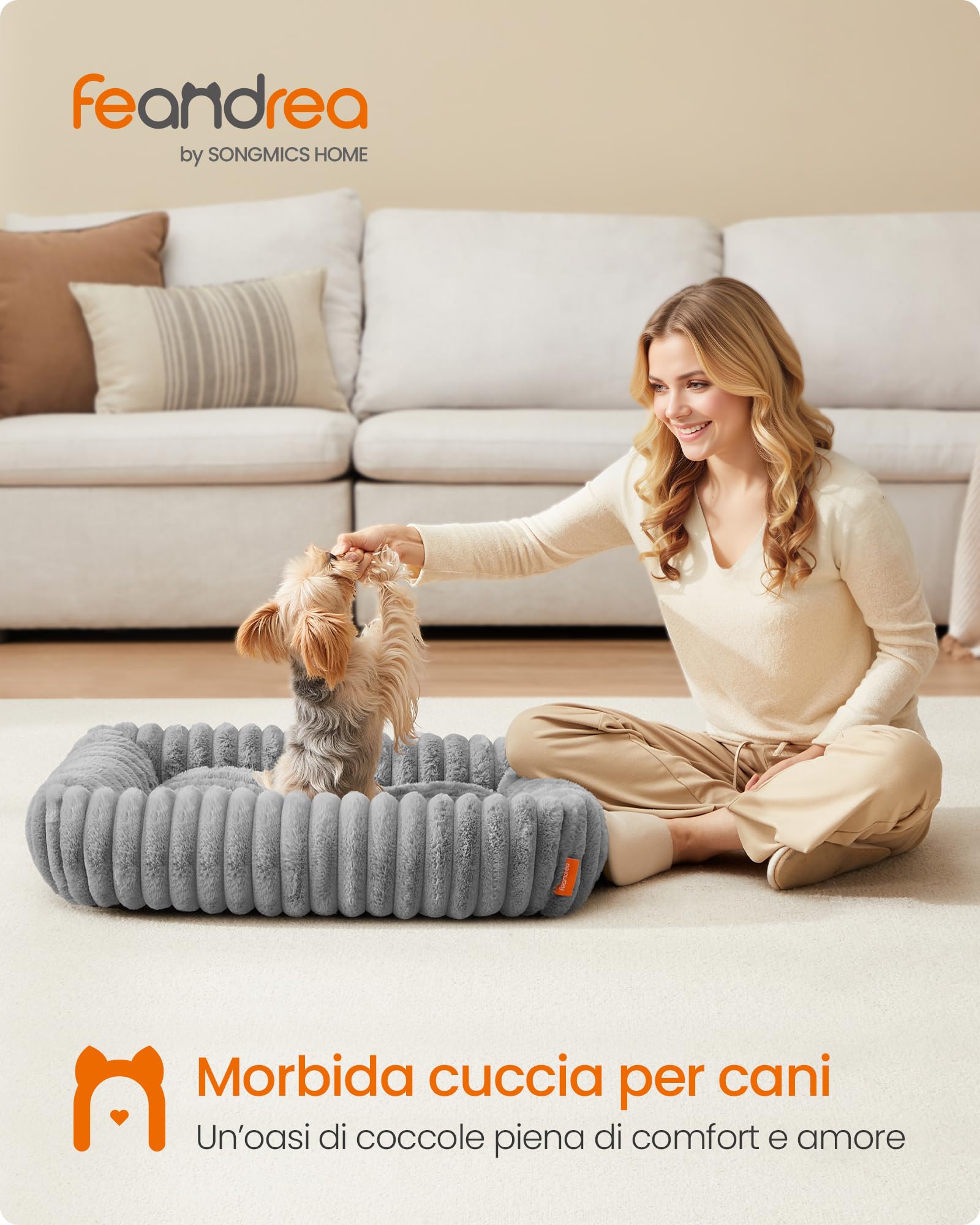 Feandrea Cuccia per Cani di Taglia Media, Lettino Ortopedico per Animali Domestici, Sfoderabile e Lavabile, Tappeto Soffice, Imbottitura Morbida, 71 x 55 x 18 cm, Grigio Tortora PGW311GD01