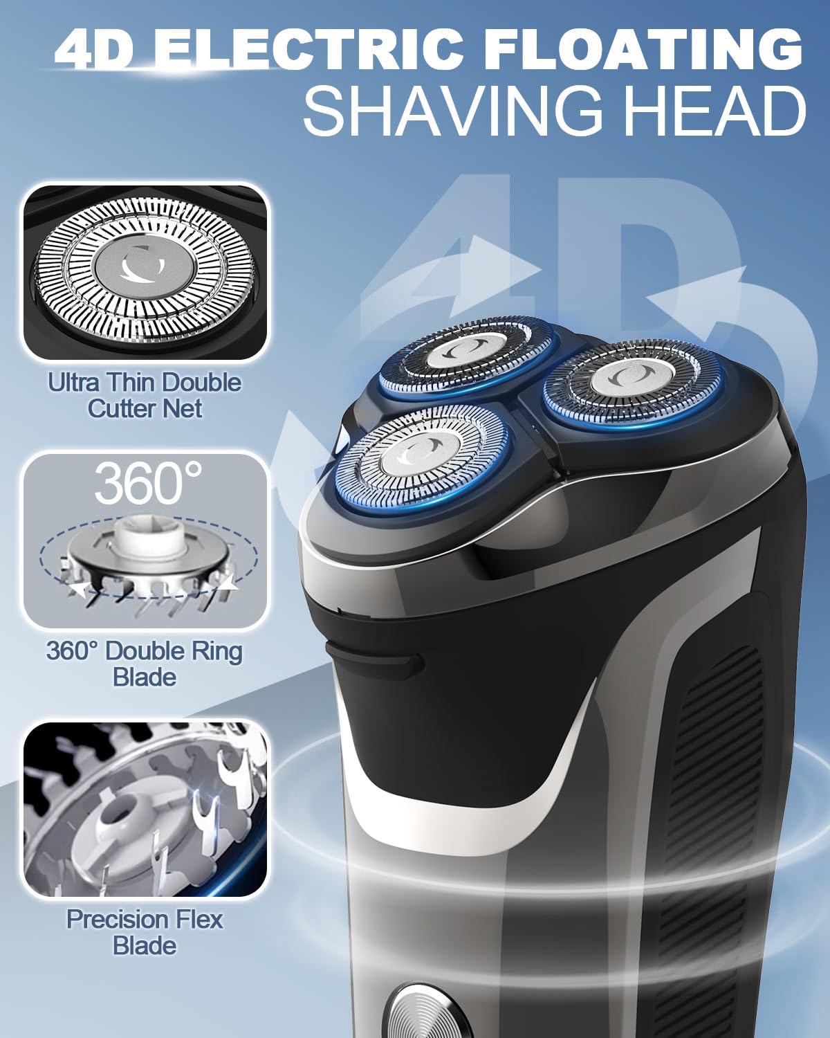 Rasoio elettrico da uomo, professionale Wet & Dry Rasoi rotativi elettrici per gli uomini USB Ricaricabile IPX7 Impermeabile con Pop-up Trimmer Cordless Uomo 4D Rotary Electric Razor
