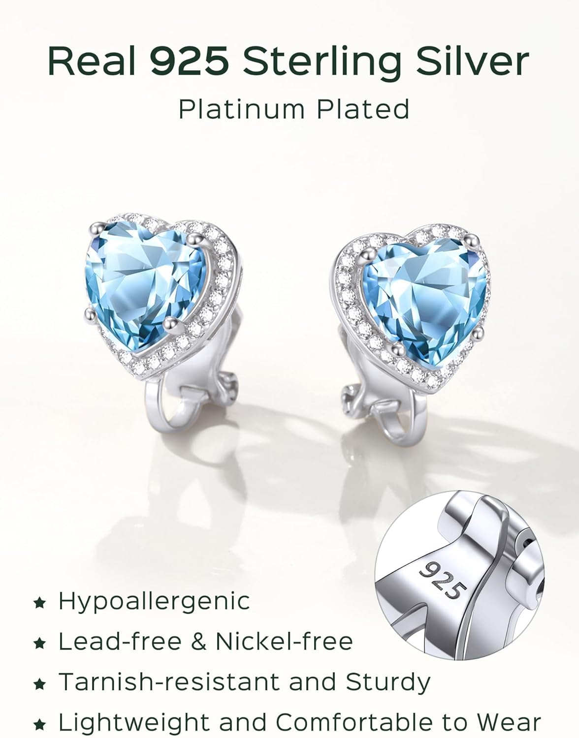 ChicSilver Clip On Earrings Women Hypoallergenic 925 Sterling Silver Birthstone Earrings for Women's Clip-on Earrings