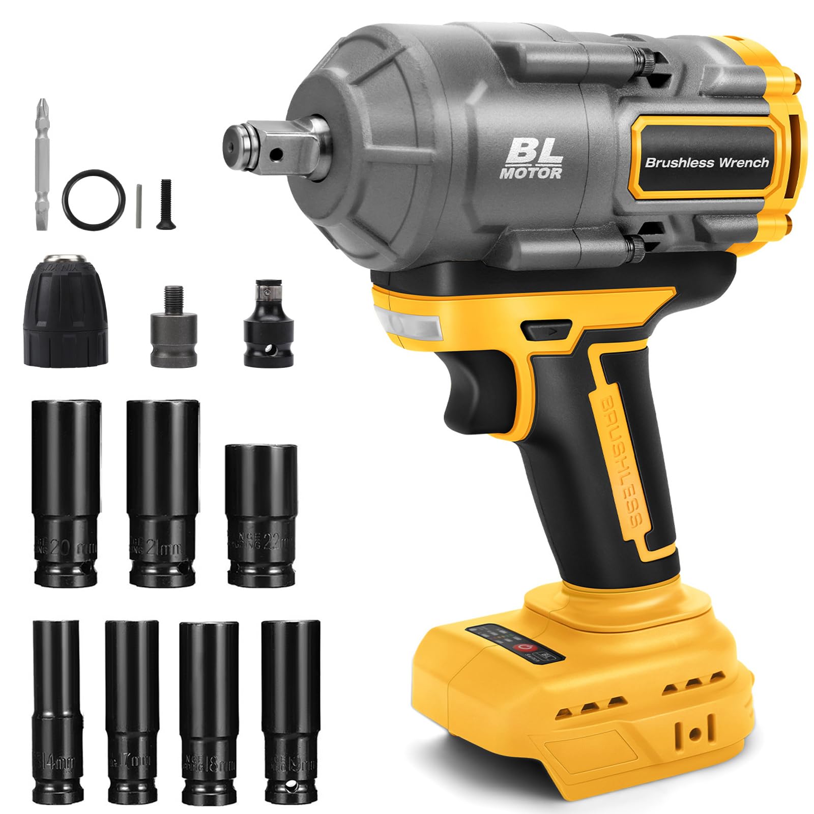 1100Nm Cordless Impact Wrench for Dewalt 18V 20V Max Battery, 1/2" Brushless Electric Wrench with 7 Sockets, 2300RPM, 4500BPM, for Truck, Heavy-Duty Project (Tool Only, No Battery)