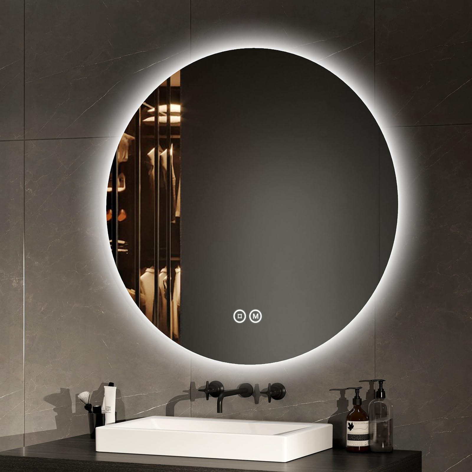 EMKE Specchio Bagno Rotondo con Luce 80 cm, Specchio Bagno LED con Interruttore Tattile Luce Bianca Fredda 6500K / Luce Calda 3000K / Luce Neutra 4000K (Tipo 2)