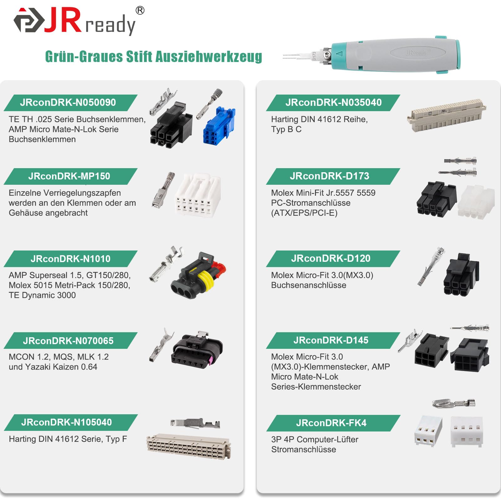 JRready JRconDRK21A20-01 Auspinwerkzeug-Kit, neues Entriegelungswerkzeug mit Schutzhülle, kompatibel mit Deutsch DT-Serie, Molex Micro-Fit-Serie, Metri-Pack-Serie, TE, AMP, Harting, WAIN D-Sub-Serie