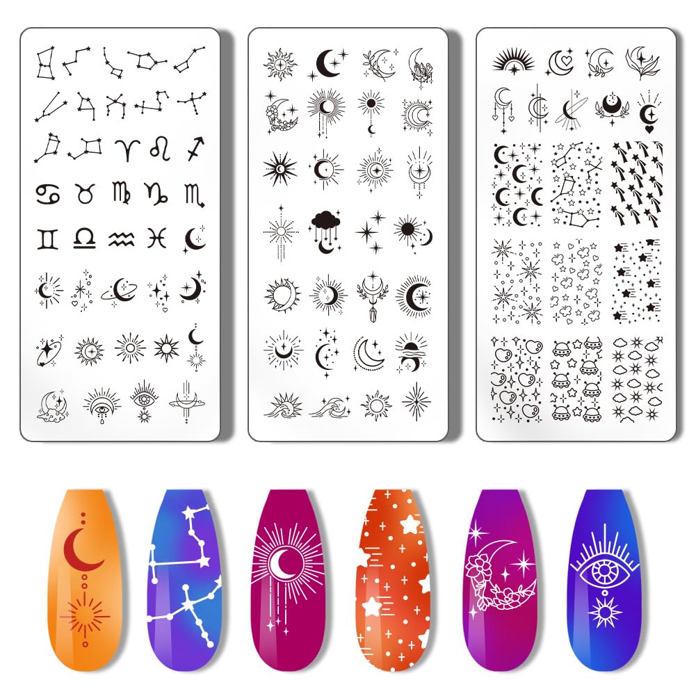 PH PandaHall 3 Sellos de Uñas de Estrella, Luna y 12 Constelaciones, Placa de Estampado de Cielo Nocturno, Plantillas de Arte de Uñas de Acero Inoxidable
