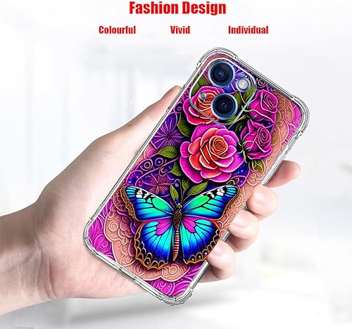 Miniatura 2 de Beaucov Funda para iPhone 14, diseño de mariposas azules, rosas, protección contra caídas, a prueba de golpes, TPU de cuerpo completo, resistente a