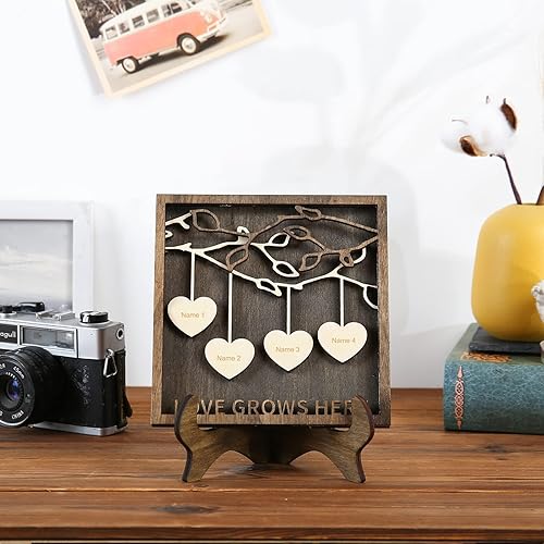 Vista 258 de Árbol genealógico con etiqueta de corazón, placas de madera grabadas personalizadas, regalos personalizados para madres, padres, escritorio, nombres