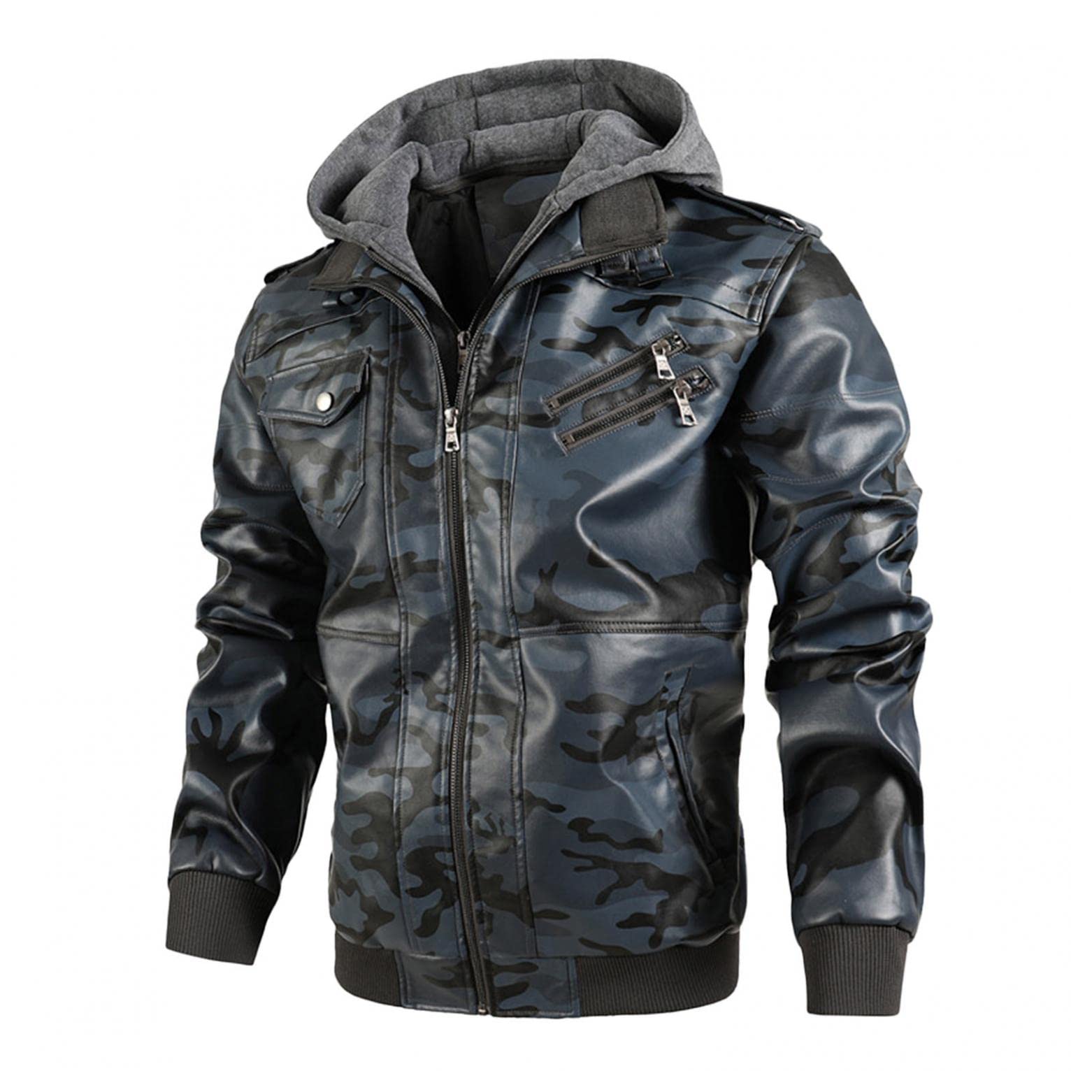 Chaqueta motero gris de cuello alto para hombre con sudadera y capucha cálida 7