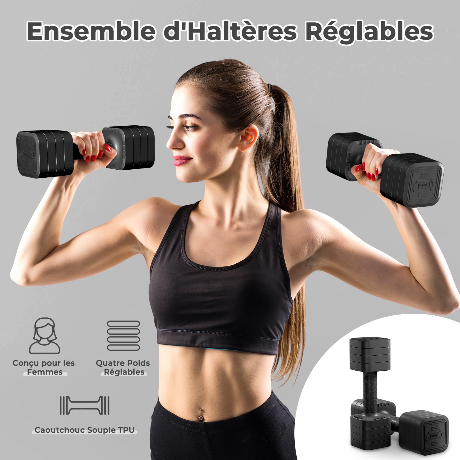 Dripex Lot de 2 Haltères Musculation Réglables 2,5 kg 5 kg 7,5kg 10kg Poids Musculation avec Poignée pour Femme Homme Gym à Domicile Entraînement
