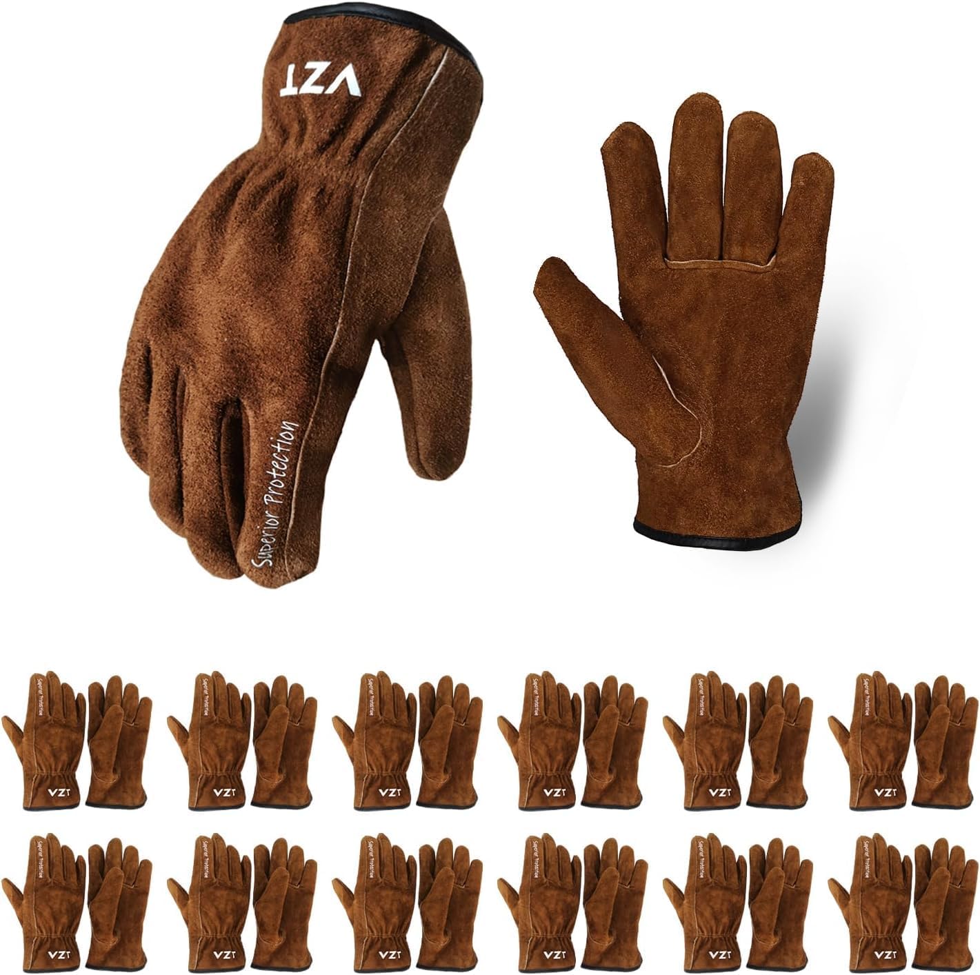 12 Pairs Bulk Leather Work Gloves for Men or Women for Construction, Wood cutting, Driving, Water Resistant, Keep warm, Soft, Cowhide, Class 4 Abrasion Resistant, Blue-White, L