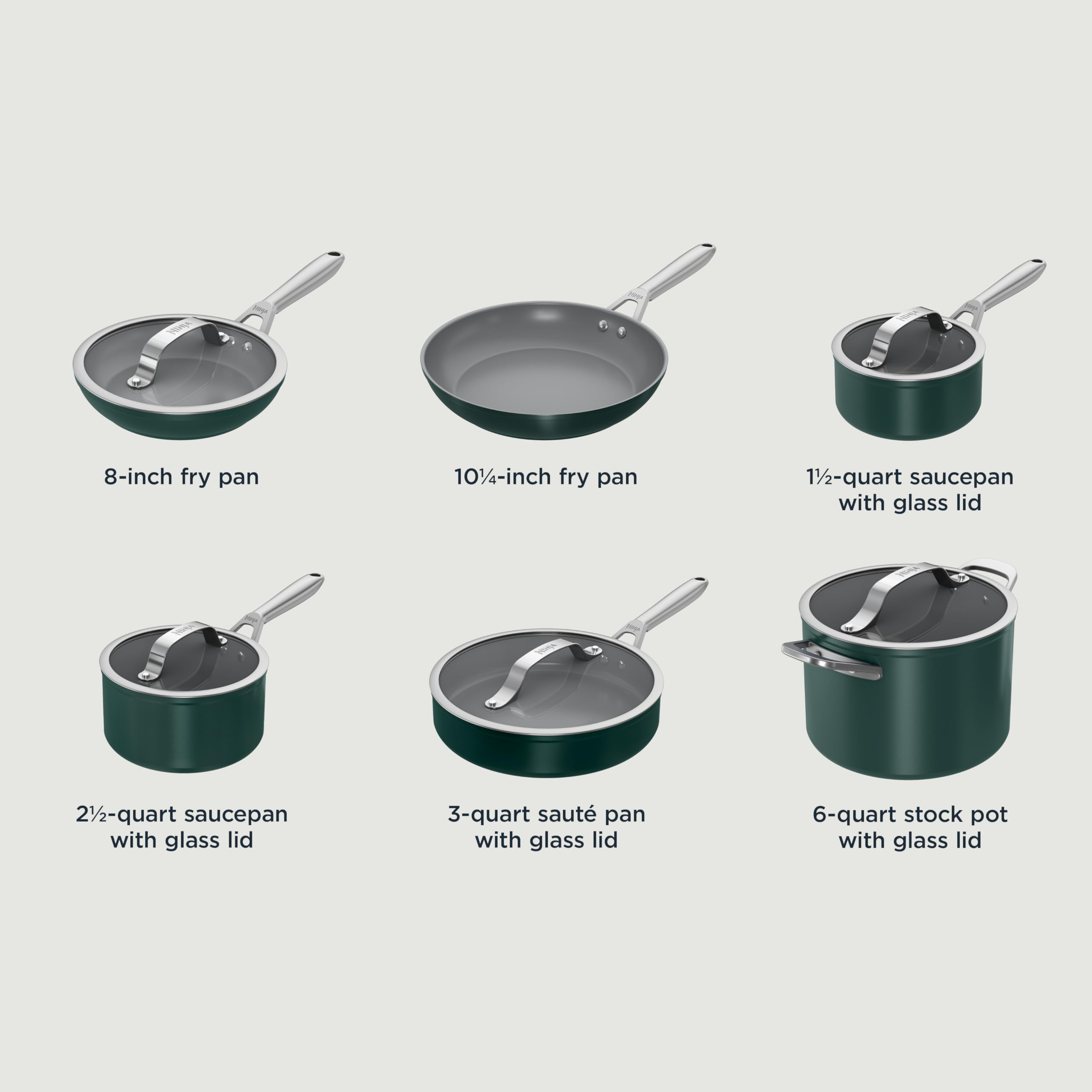 Ninja NeverStick Ceramic Pro CW39011GN Batterie de cuisine 11 pièces avec revêtement en céramique et acier inoxydable Compatible avec toutes les cuisinières et plaques à induction Vert