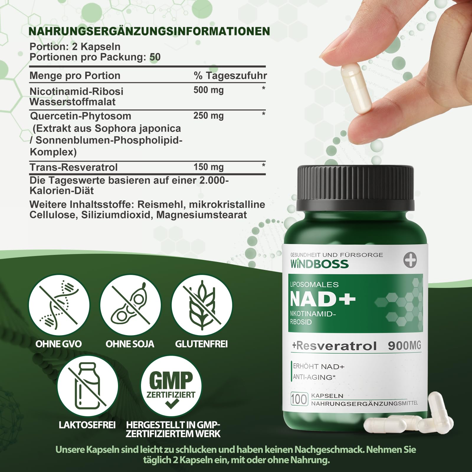 Windboss NAD+ Liposomal NR 900mg, Ergänzung mit Nicotinamid-Ribosid, Quercetin Phytosome, Resveratrol, Supplements Hoch bioverfügbar für Energie, Haut & Vitalität, NAD Booster 100 Kapseln