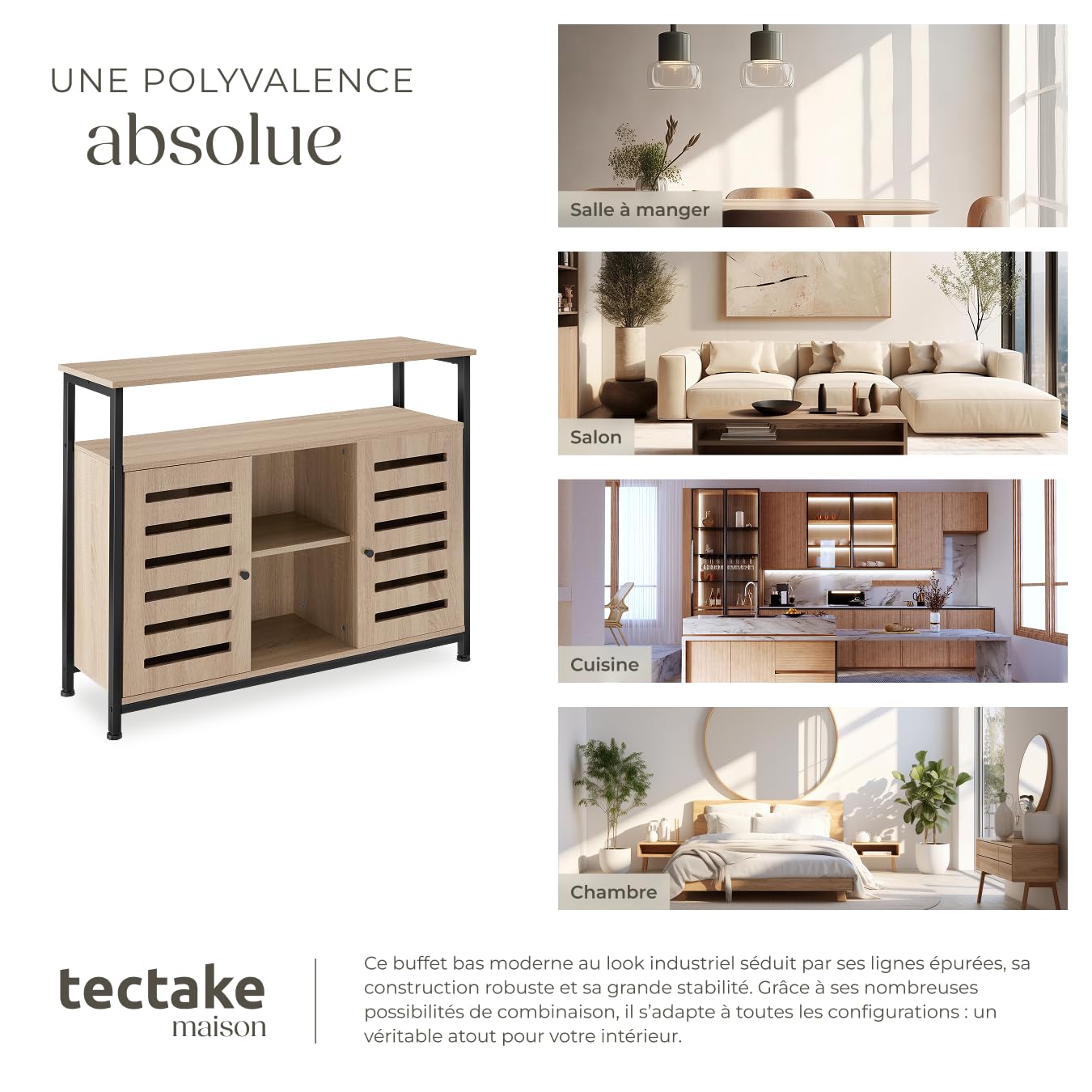 tectake® Buffet 100 x 37 x 82 cm, Meuble de rangement au Style industriel, Portes et Étagères, Buffet salle a manger, Rangement cuisine, Meuble de rangement salon, Vaisselier, Meuble salon, Bois clair