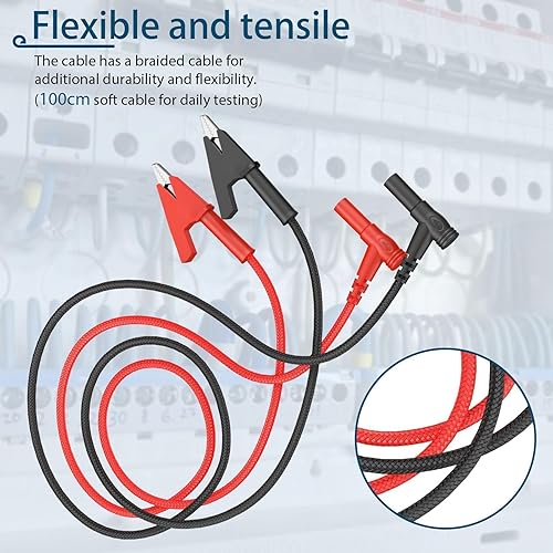 Miniatura 26 de 1 par de cable de prueba de enchufe de plátano a clip de cocodrilo, 39.4 in/3.28 pies, corriente nominal de 15 A, voltaje máximo de 1000 V, cable