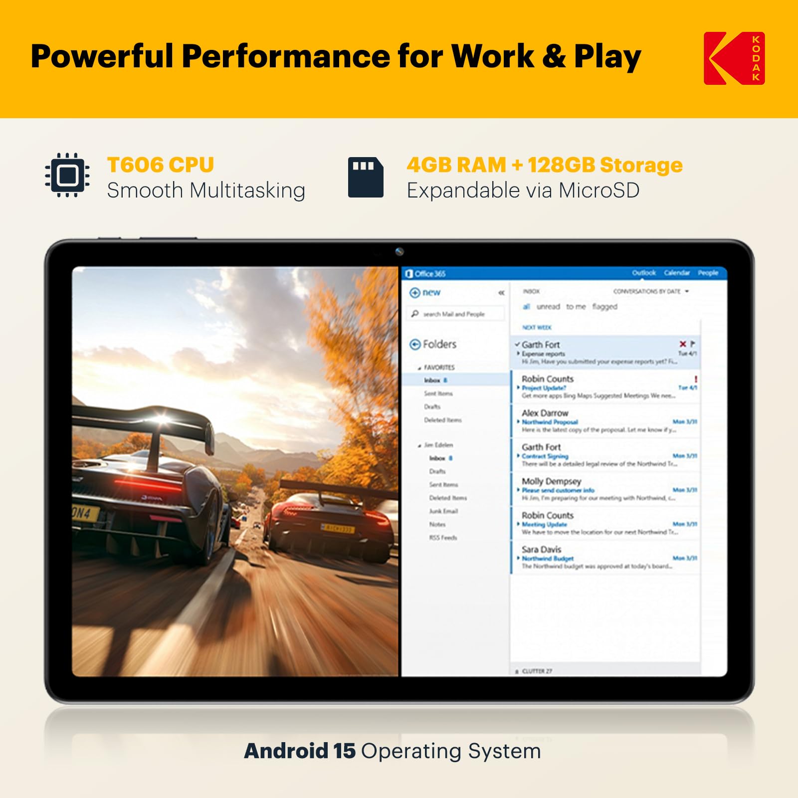 KODAK K11 Android 15 Tablet, 11 Inch Incell Touchscreen, 12GB RAM +128GB Storage (1TB Expandable), 8000mAh Long Battery, Quad Speakers, 16MP Camera, Dual WiFi, GPS, for Work Entertainment Gaming