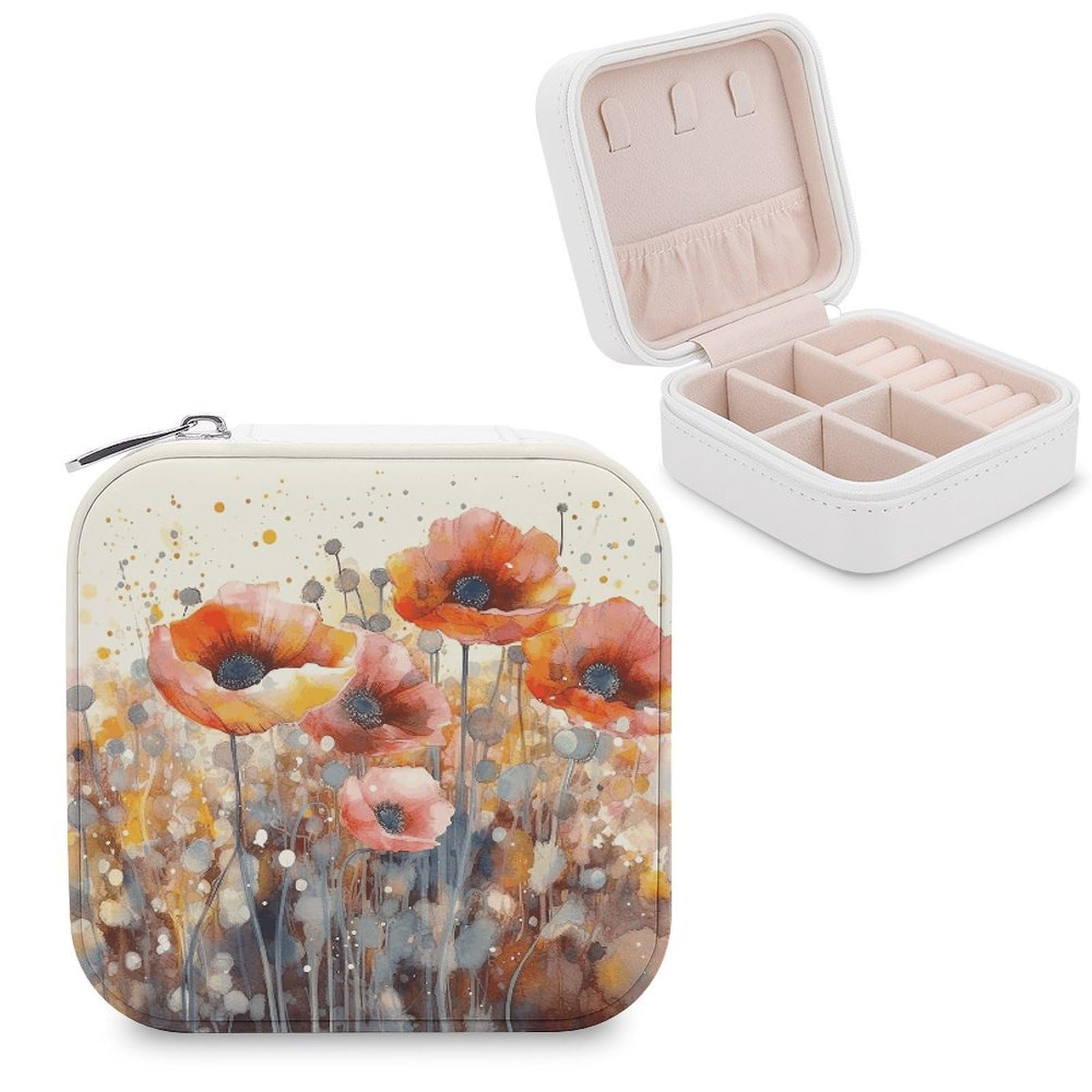 VstaDank Watercolor Red Poppy Flowers Travel Jewelry Case Zipper Portable Small Jewelry Box Custom Pu Leather Mini Traveling Jewelry Organizer for Rings Earrings Necklace Bracelet Girls Women