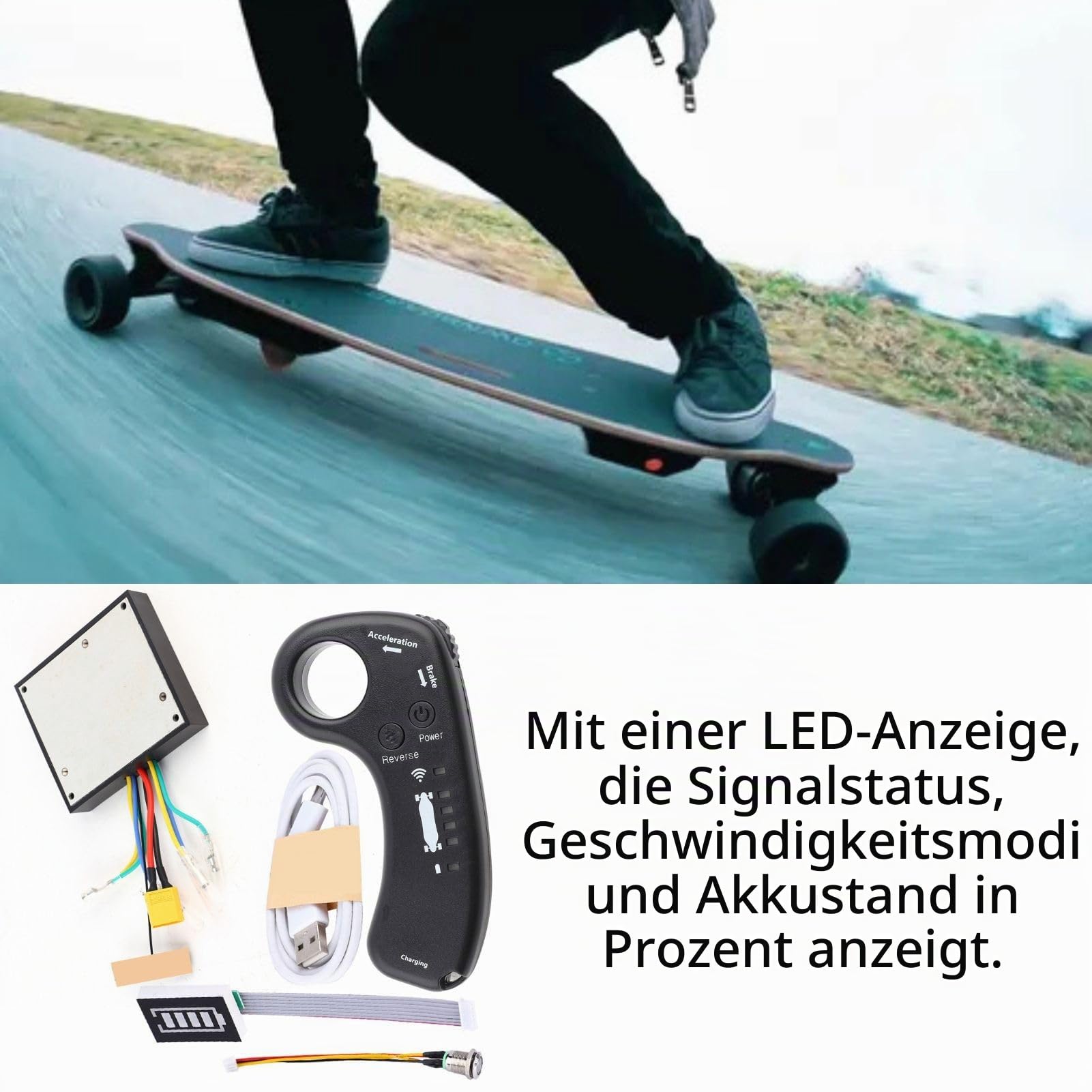 Elektro Skateboard Controller ESC Set, 36V 12A 430W Elektrisches Longboard Doppelantrieb Sinuswelle Bürstenloser Nabenmotor Hauptplatine ESC mit Fernbedienung