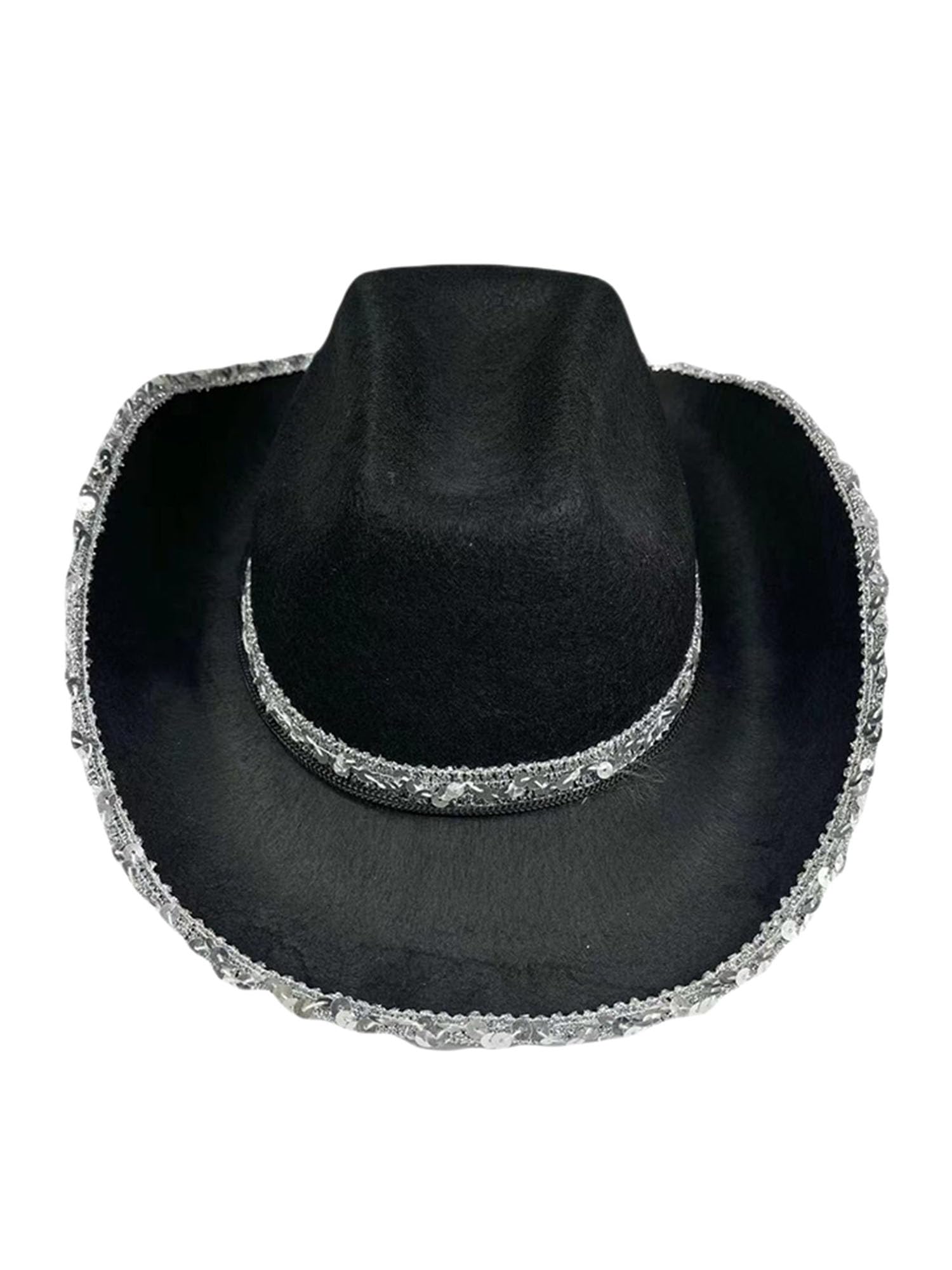 Kiluex Adult Cowboy Hat Cowgirl Hat Wide Brim High Top Sparkly Rhinestone Sequin Cowboy Hat Fancy Dress Disco Dance Hats (A-Black, ONE Size)