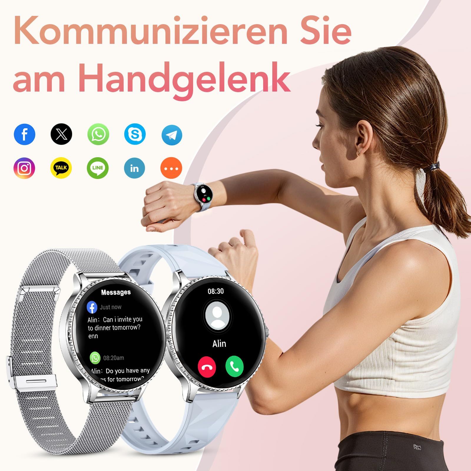 CIVO Smartwatch Damen Rund Silber 41mm: Fitness Tracker Demenuhr Schrittzähler Wasserdicht - Bluetooth-Anrufe Smart Watch für iOS Android Blau
