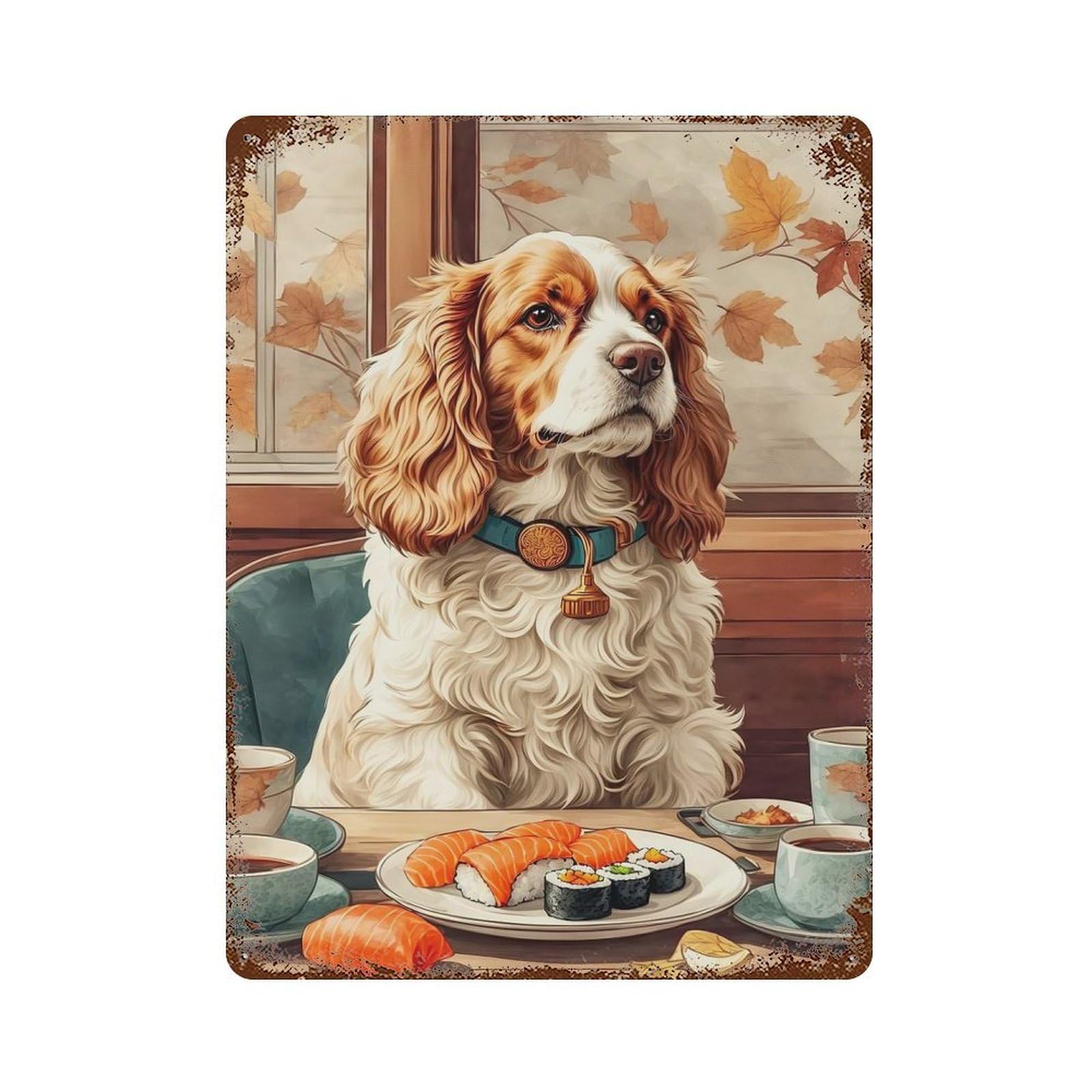 Rust Effect Dog And Sushi Aged Metal Wall Plaque 15.7"x11.8", Farmhouse Wall Decor for Office, Studio And Wall Decor