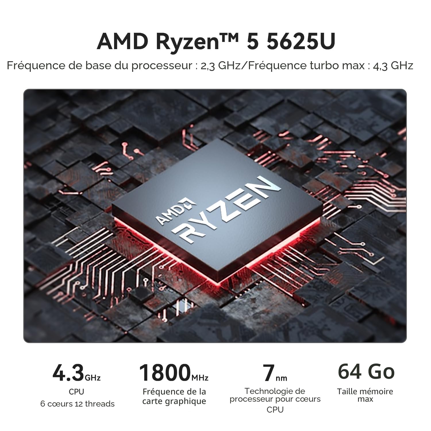 Beelink Mini PC SER5 Pro, Ryzen 5 5625U (jusqu'à 4,3 GHz), 16Go RAM DDR4, SSD NVMe de 480Go, Sortie Triple écran 4K, Carte Graphique AMD Radeon 7 cœurs 1800 MHz, Wi-FI 6 / LAN 2,5 G/BT 5.4