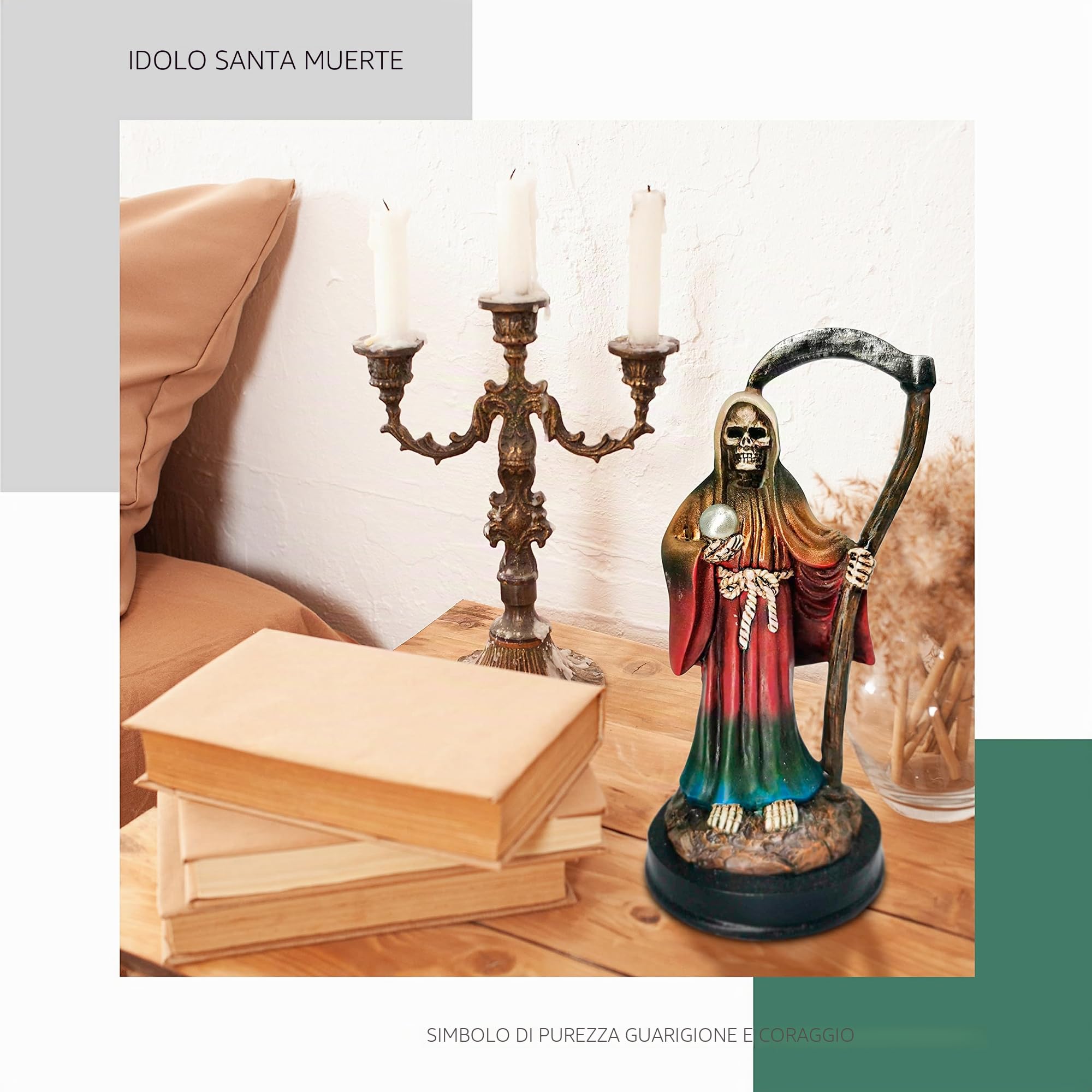 Santa Muerte Statue 5 inch, Grim Reaper Statue in Rainbow Robe, Reaper Figurine of Holy Death