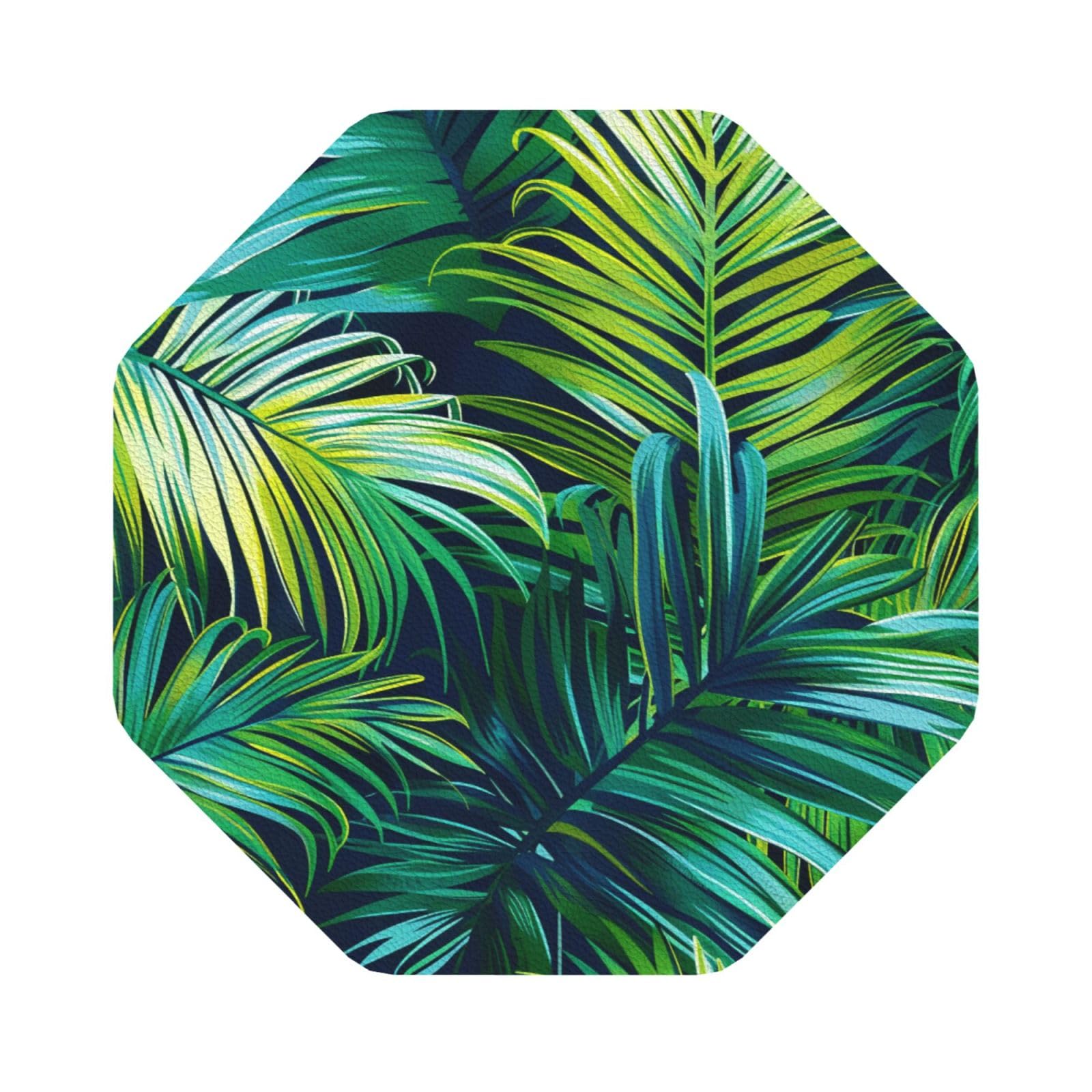 Tropical Palm Leaves Print Leather Coaster Set of 6, Octagon Coasters Table Decorative Coffee Cup Beverage Coasters Wine Beer Bar Coasters for Hot Drinks Table Protection