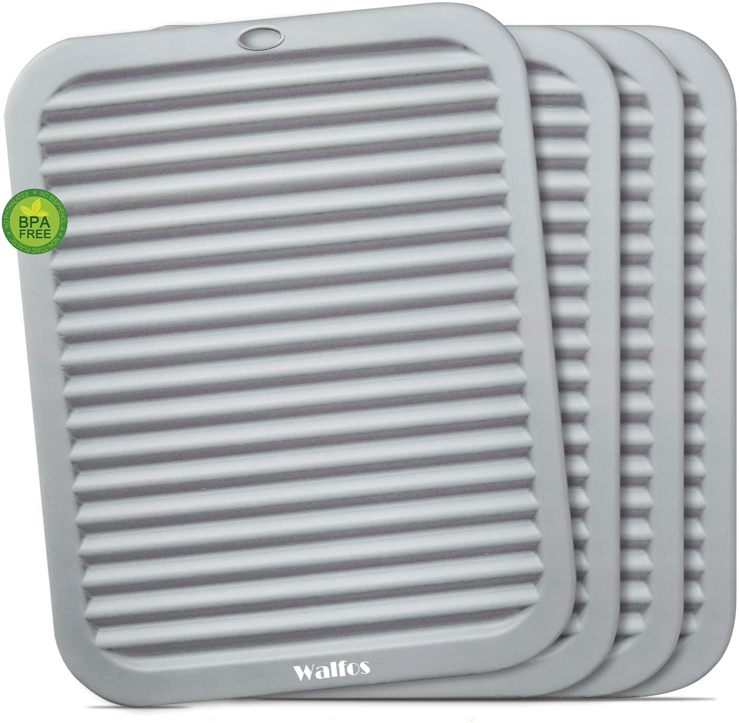 Walfos Silicone Trivets For Hot Pots and Pans - 4 Pack Hot Pads for Kitchen Counter, (27×21cm) Heat Resistant Silicone Table Mat -Multi-Purpose trivets for Hot Dishes Silicone Pot Holders Mat, Gray