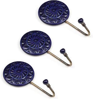 Alpha Living Home Set of 3 Ceramic Wall Hooks - Handcrafted Decorative Coat Hooks for Towel, Bag, Hat, Robe - Vintage Wall Mounted Hooks for Entryway, Bathroom, Kitchen - Blue