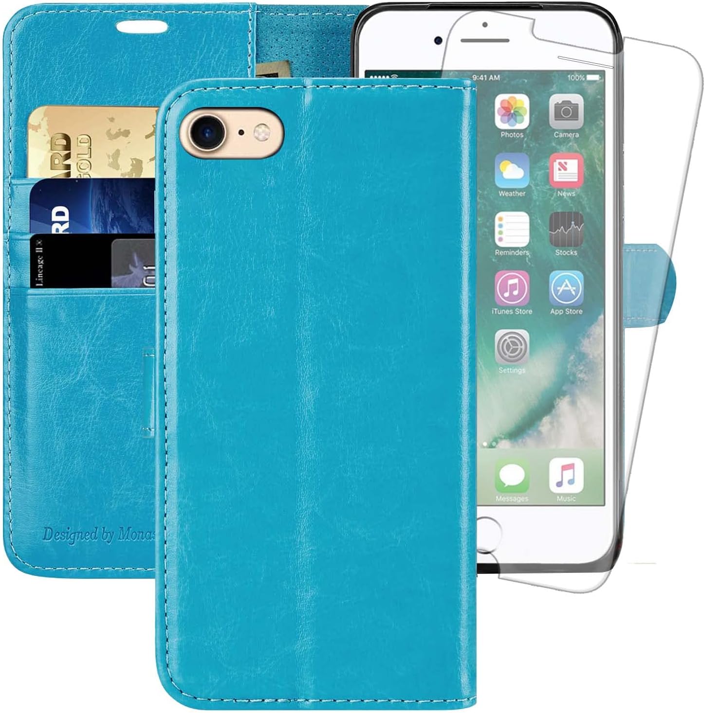 – iPhone SE 2022/2020 5G Case,iPhone 8 Wallet Case, iPhone 7 Case,4.7-inch, [Glass Screen Protector] Flip Folio Leather Cell Phone Cover with Credit Card Holder,Light Blue