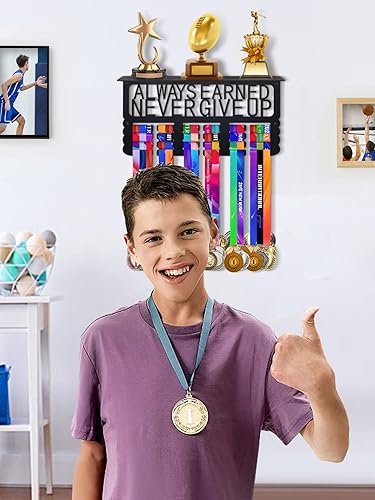 Miniatura 3 de Estante de exhibición de trofeos y medallas  Soporte para medallas de 4 filas para pared, exhibiendo más de 70 medallas marco para niños y niñas,