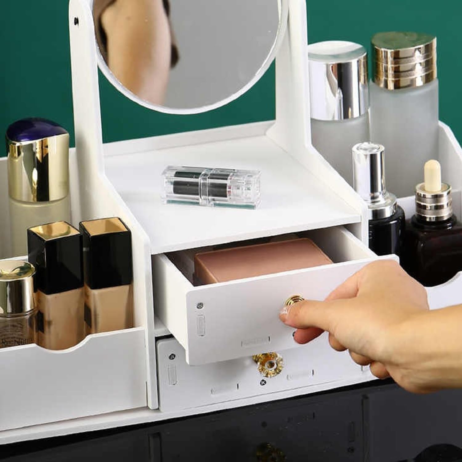 KTRS Enterprise Wooden Desktop Storage Box DIY Detachable Assembly Cosmetic Mirror Household Double Drawer Compartment Cosmetic Storage Mirror 1