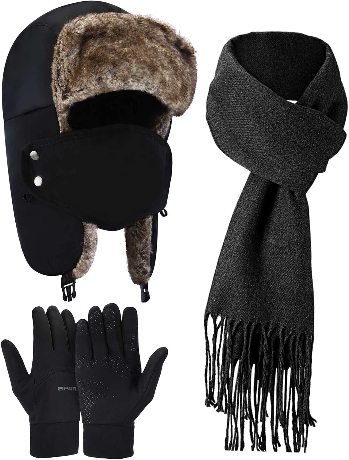 Zhehao Winter Trapper Hat Gloves Scarf Set for Men Waterproof Plush Lined Trapper Hat Touchscreen Glove Warm Soft Scarf
