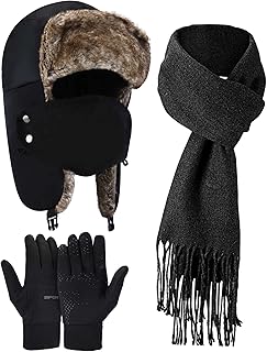 Winter Trapper Hats, Knitted Scarf and Gloves Set Waterproof Plush Lined Trapper Hat Warm Soft Touchscreen Gloves Windproof Neck Warmer Scarf for Women Men, Black
