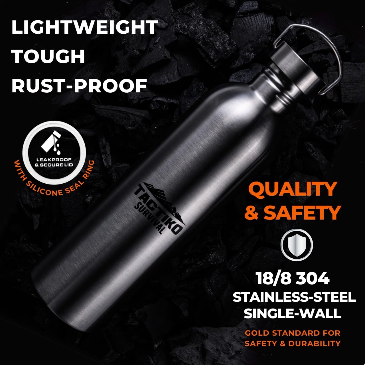 Tactiko Survival 1,445.8 g/1500ml Edelstahl Weithals-Trinkflasche, einwandig, kochfest, auslaufsicher, BPA-frei, mit Tragetasche und Gurt für Camping, Wandern, Outdoor-Vorbereitung (Schwarz)