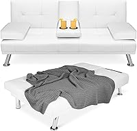 Best Choice Products White Faux Leather Convertible Futon Sofa Bed - 3 Adjustable Positions, Removable Arms w/Cup Holders, 500 lbs Capacity