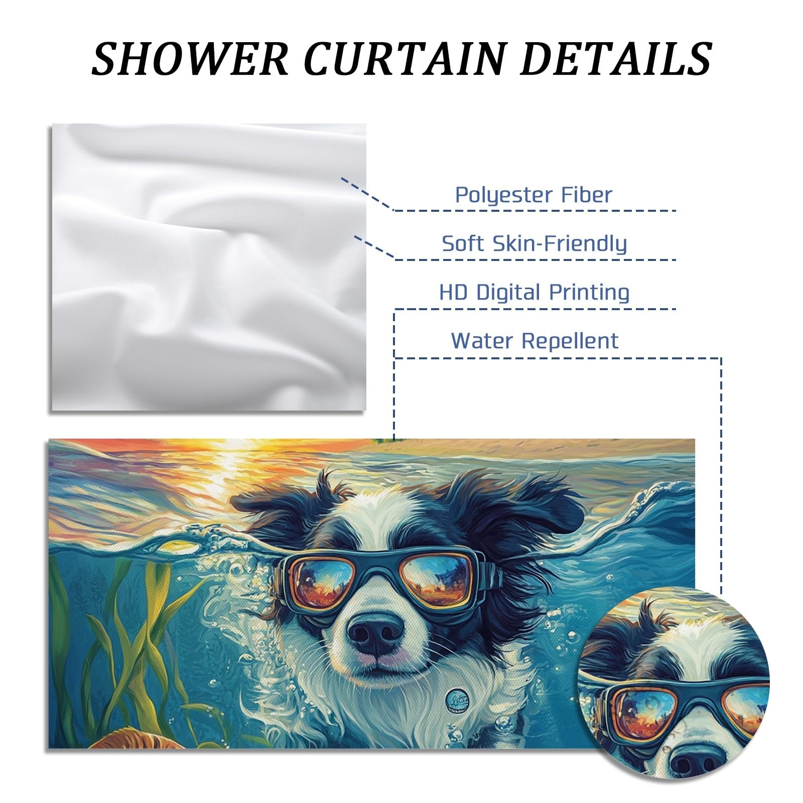 Border Collie Hunde-Duschvorhang-Set, lustiger Küstenstrand, Ozean, Haustier-Badezimmer-Dekoration, Bad-Polyestergewebe, dekorativ, 137 x 198 cm