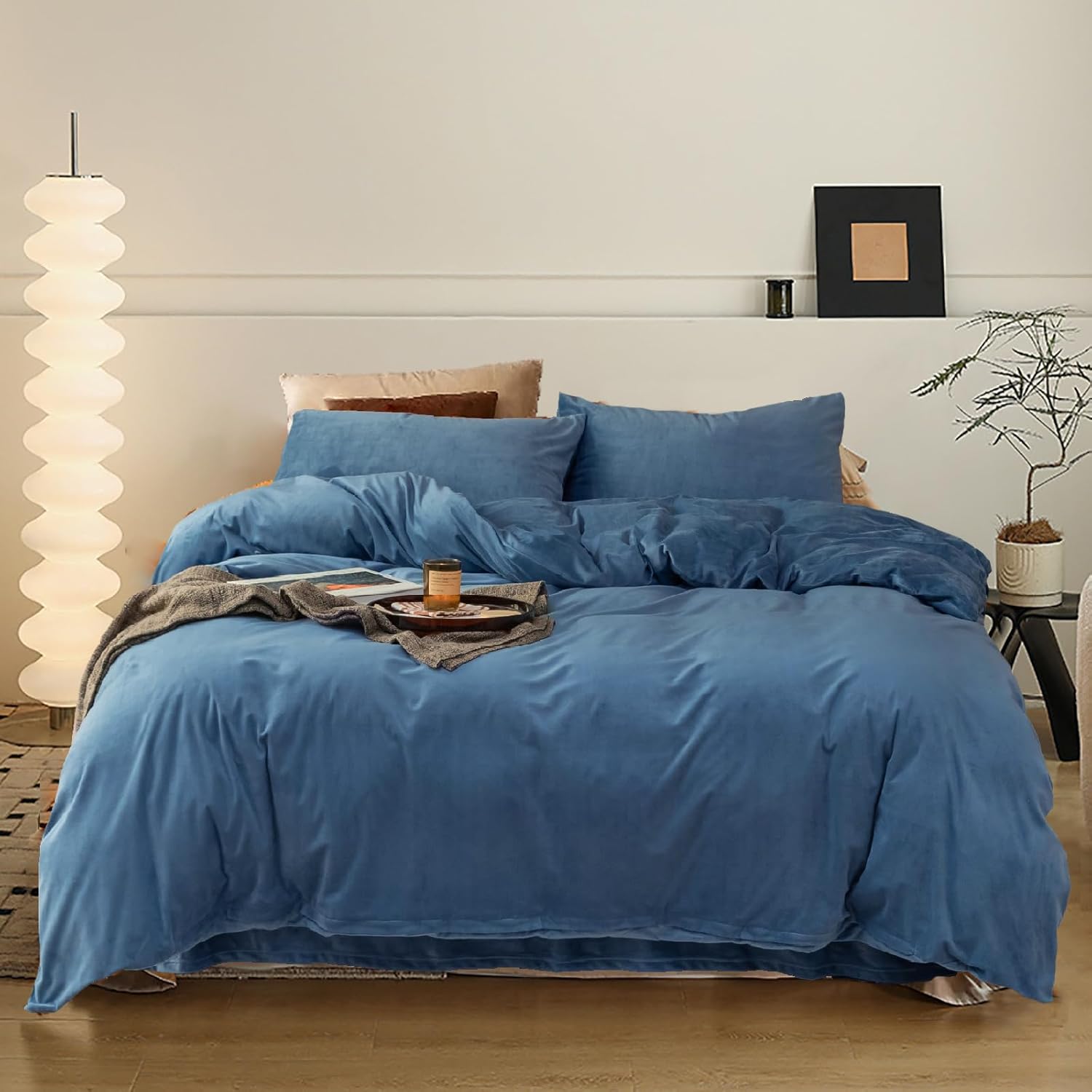Luxlovery Blue Velvet Comforter Set King Lake Blue Flannel