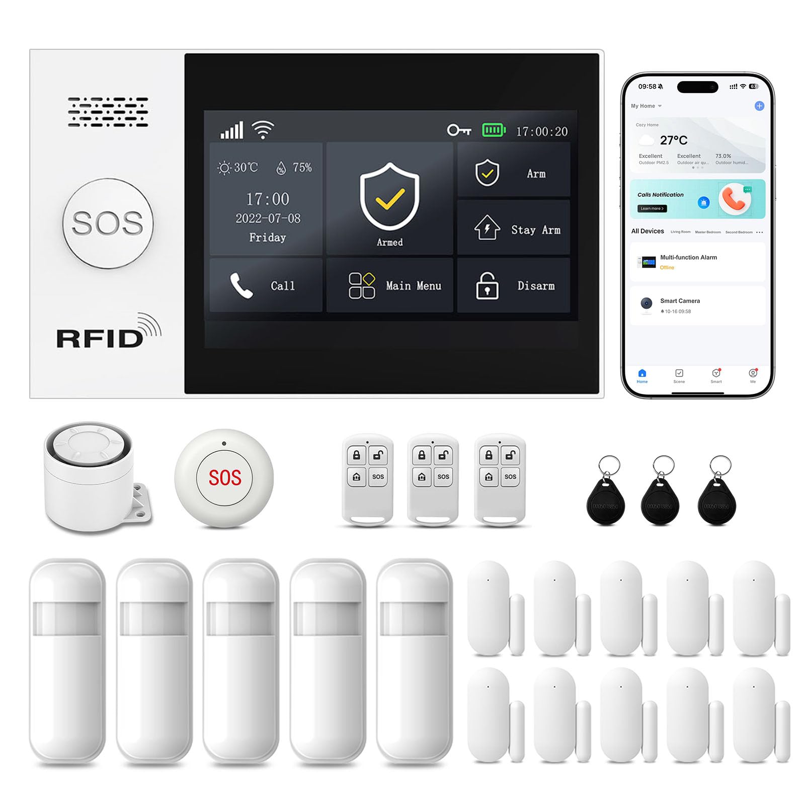 YBJ Alarm System for Home Security,24Pcs GSM/4G+WiFi,No Monthly Fee Home Alarm System with 4.3" Smart Touch Screen,Instant App Alerts,Window Sensors,SOS Button,Work with Alexa & Google,Kids Safety
