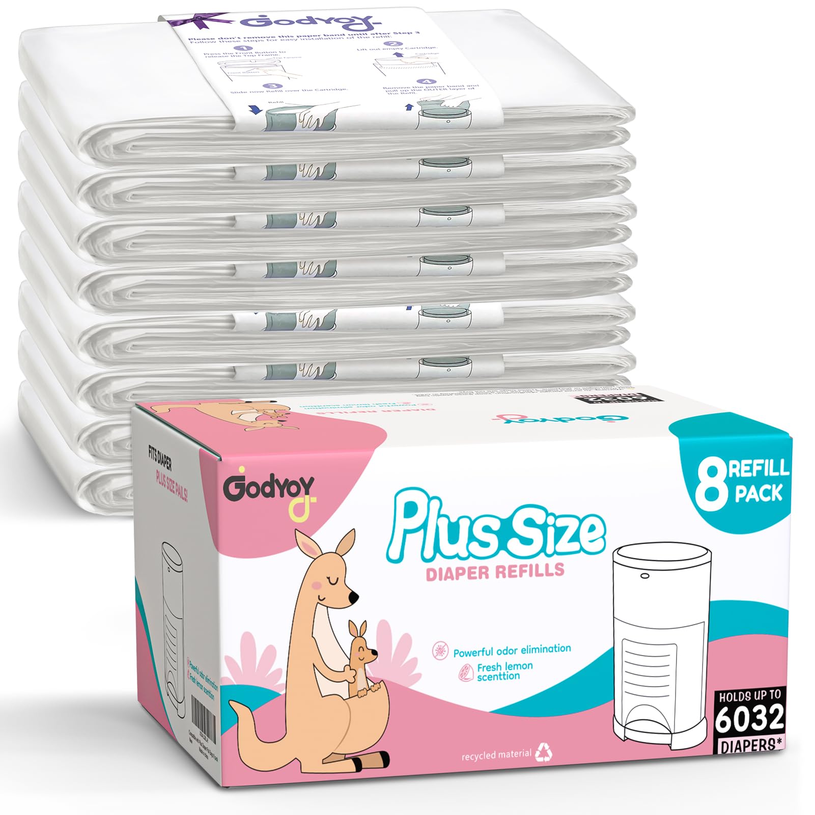 Refills Compatible with DEKOR Plus Diaper Pail Refill Bags| 8 Pack| Super Powerful Odor Eliminator Extra Thick Diaper Pail Bags| Each Holds up to 6032