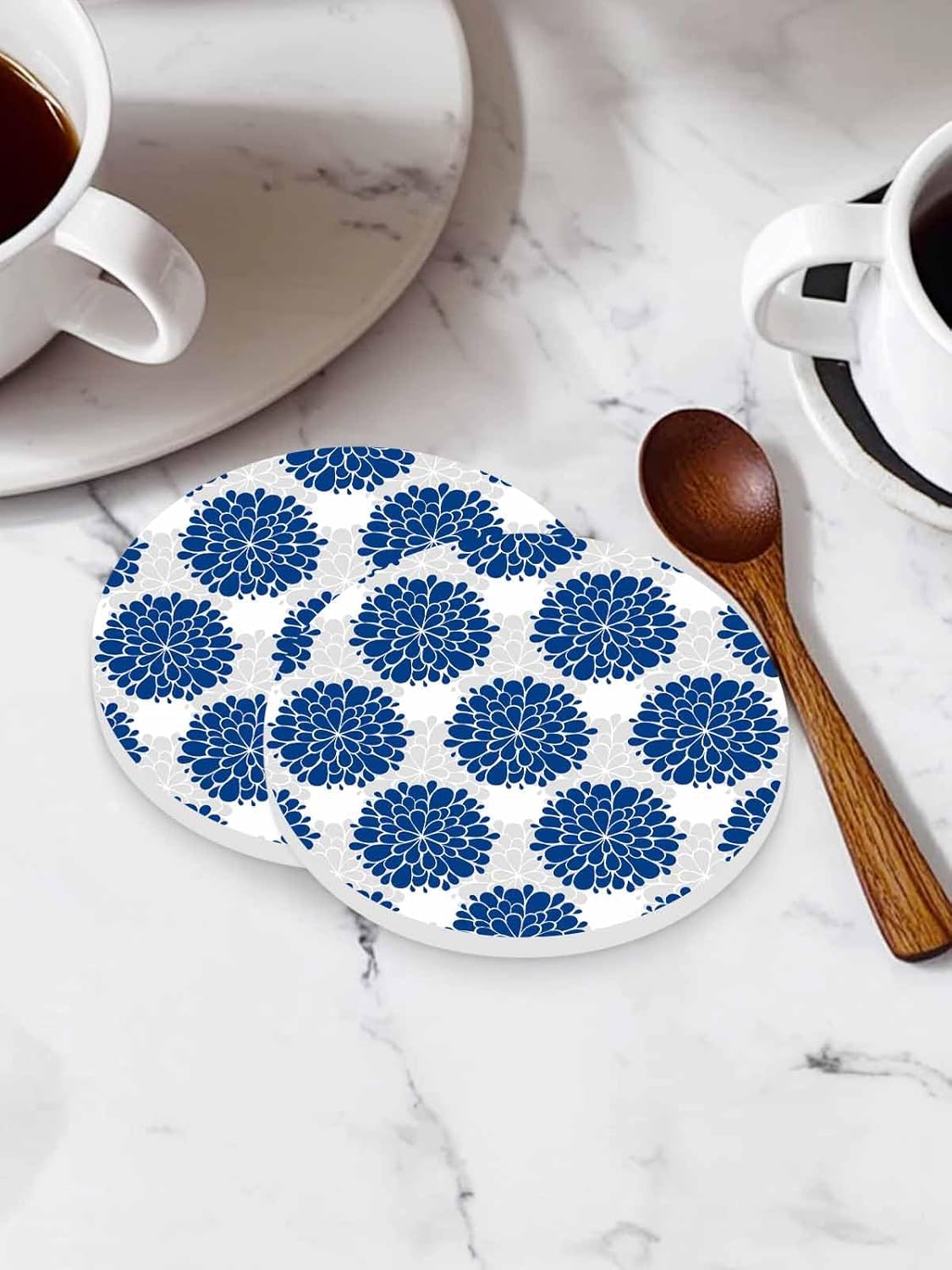陶製コースター 円形 ダリア 菊 花 田園 紺色 吸水 8枚セット 直径10.3cm&times;厚さ0.6cm 速乾 杯垫 滑り止め 耐熱 装