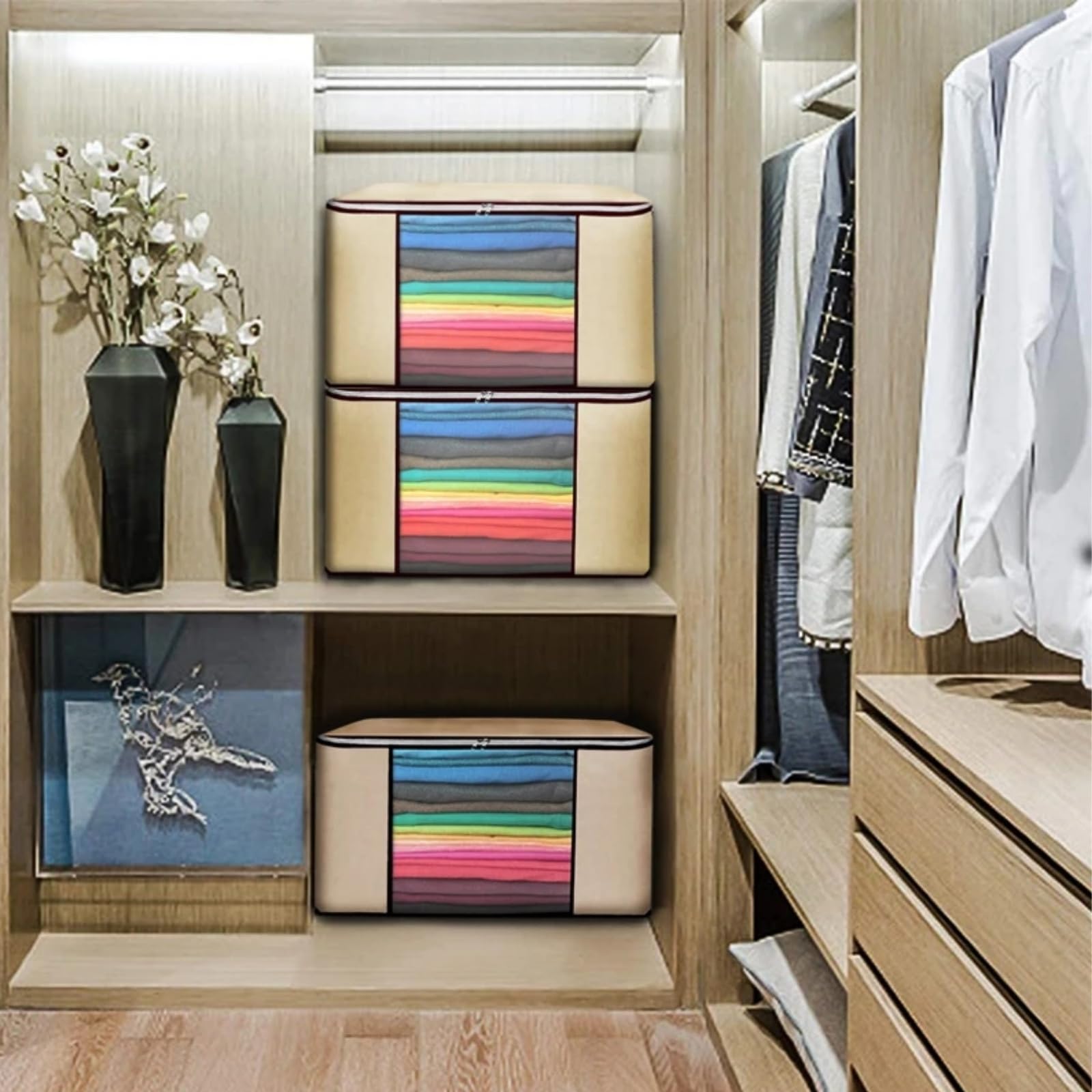 Super Mundo - 3 Cajas Almacenaje Ropa 81L (60x45x30 Cm) – Bolsas Transpirables Con Ventana Y Cremallera Para Edredones Y Mantas (Beige)
