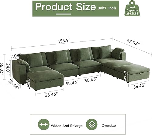 Miniatura 2 de Guyii Sofá seccional, sofá verde de gran tamaño de 7 plazas con otomana de almacenamiento, sofá convertible con cojines traseros, sofá en forma de U