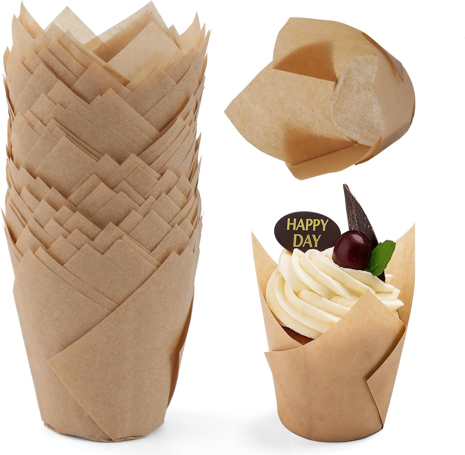 200pcs Tulip Cupcake Liners, Standard Greaseproof Paper Baking Cups Muffin Liners Holders Perfect for Bridal Showers, Baby Showers, Birthday Parties, Banquets, and Catering Events (Natural)