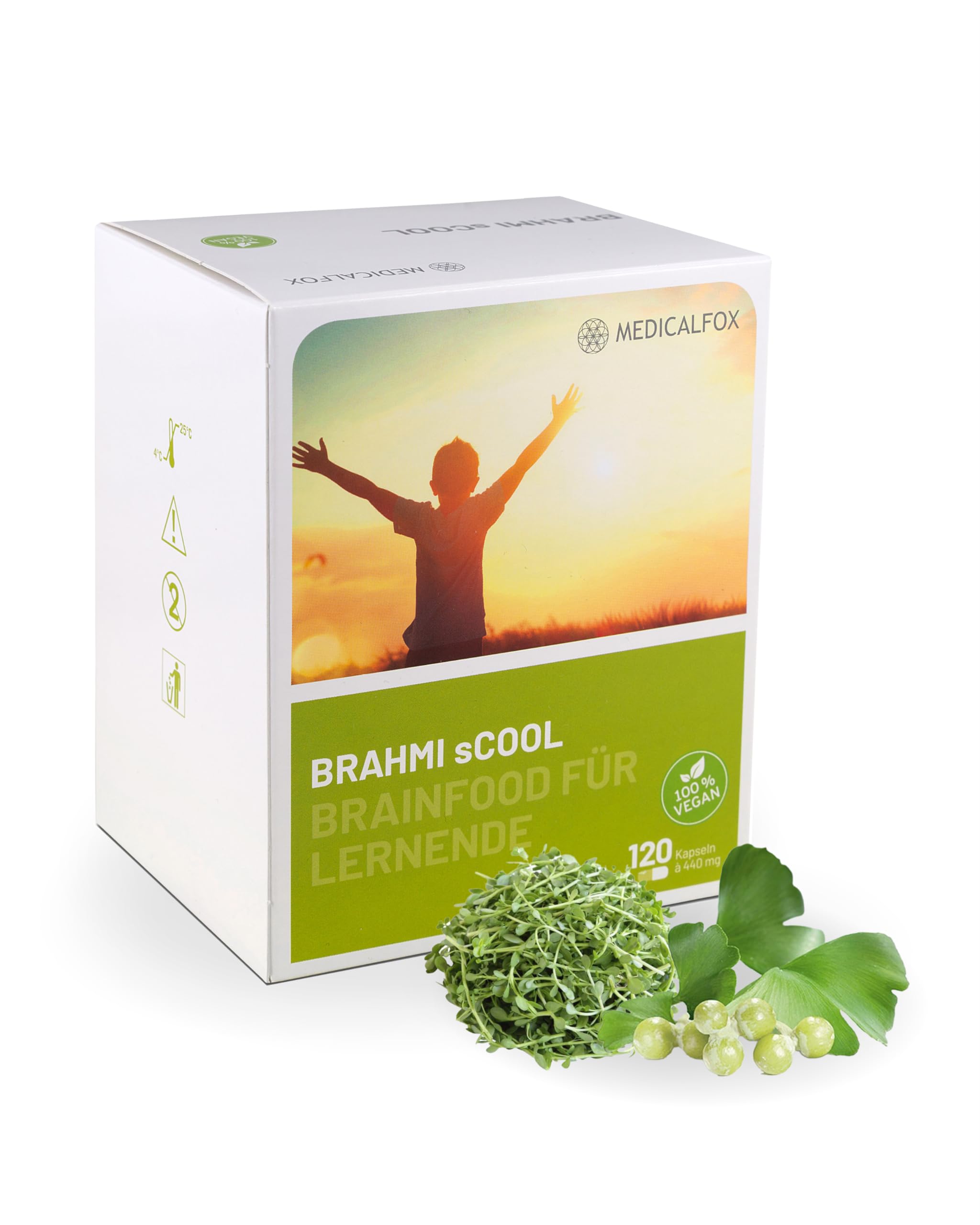 BRAHMI sCOOL Konzentrations- & Gehirn Kapseln zum Lernen 120 Stk. vegan - Mit Vitamin B5 Pantothensäure für normale geistige Leistung, Mit Brahmi, Ginkgo, Gojibeere & Zink, Vitamin C & D