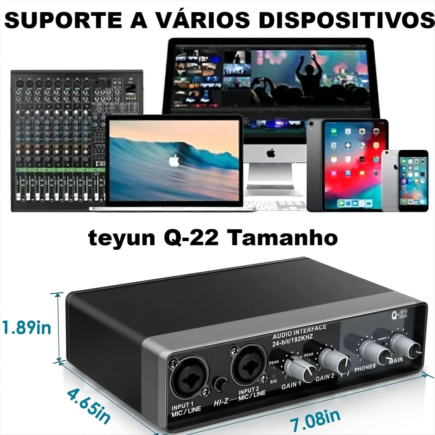 Placa de Som Profissional TEYUN Q22 com USB 2.0, 24bits/192kHz e Fonte Fantasma 48V - Ideal para Gravação Musical, Podcasts, Transmissões ao Vivo e KTV