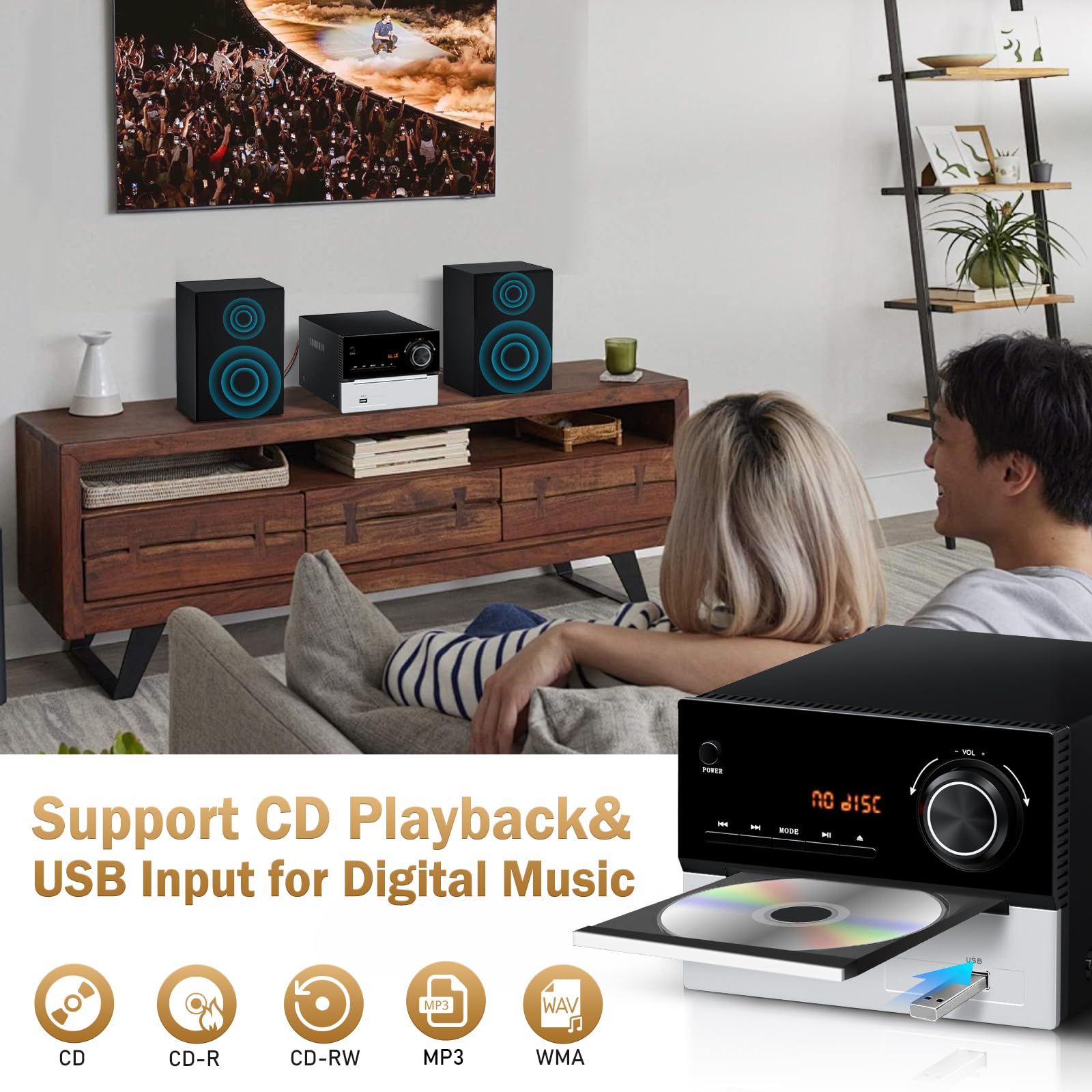 Mini Chaine HiFi Bluetooth pour Maison, Lecteur CD avec Enceintes 30W RMS