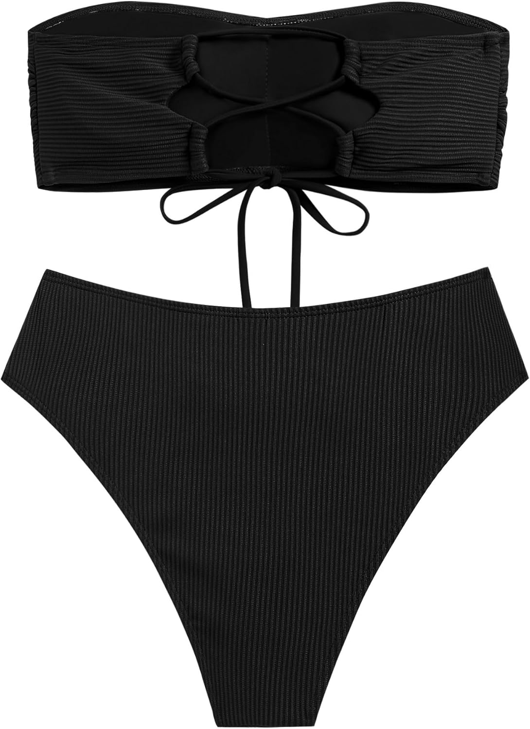 ZAFUL Women's Strapless Twist Bandeau Bikini 2 Piece Swimwear Cheeky Solid Lace up Bathing Suits - Image 3