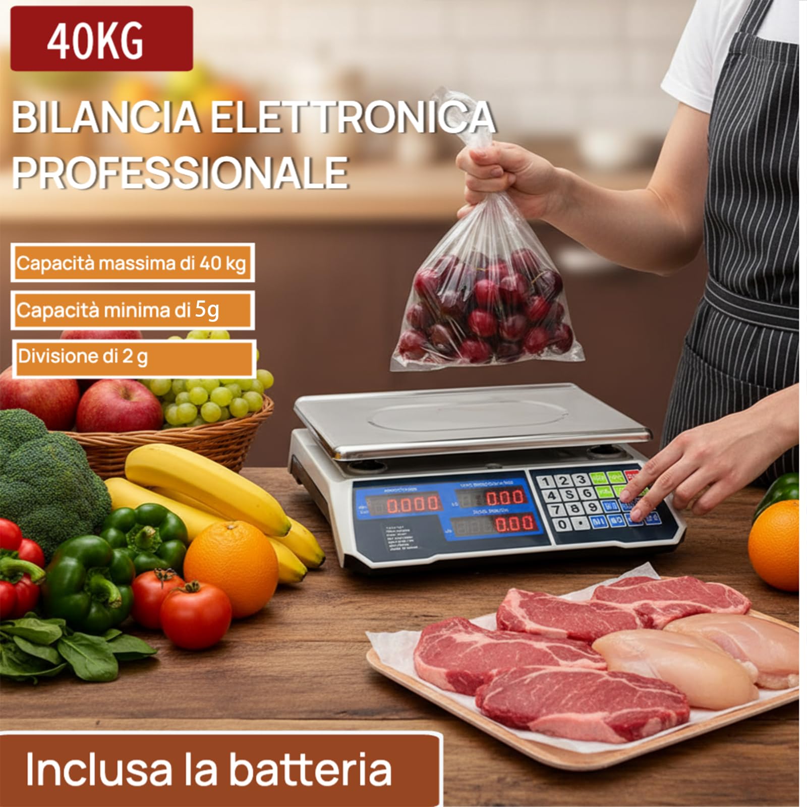 Voltix Bilancia Cucina Digitale 5g a 40kg, Bilancia Professionale per Alimenti con Display LCD, Alta Precisione e Piatto in Acciaio Inox