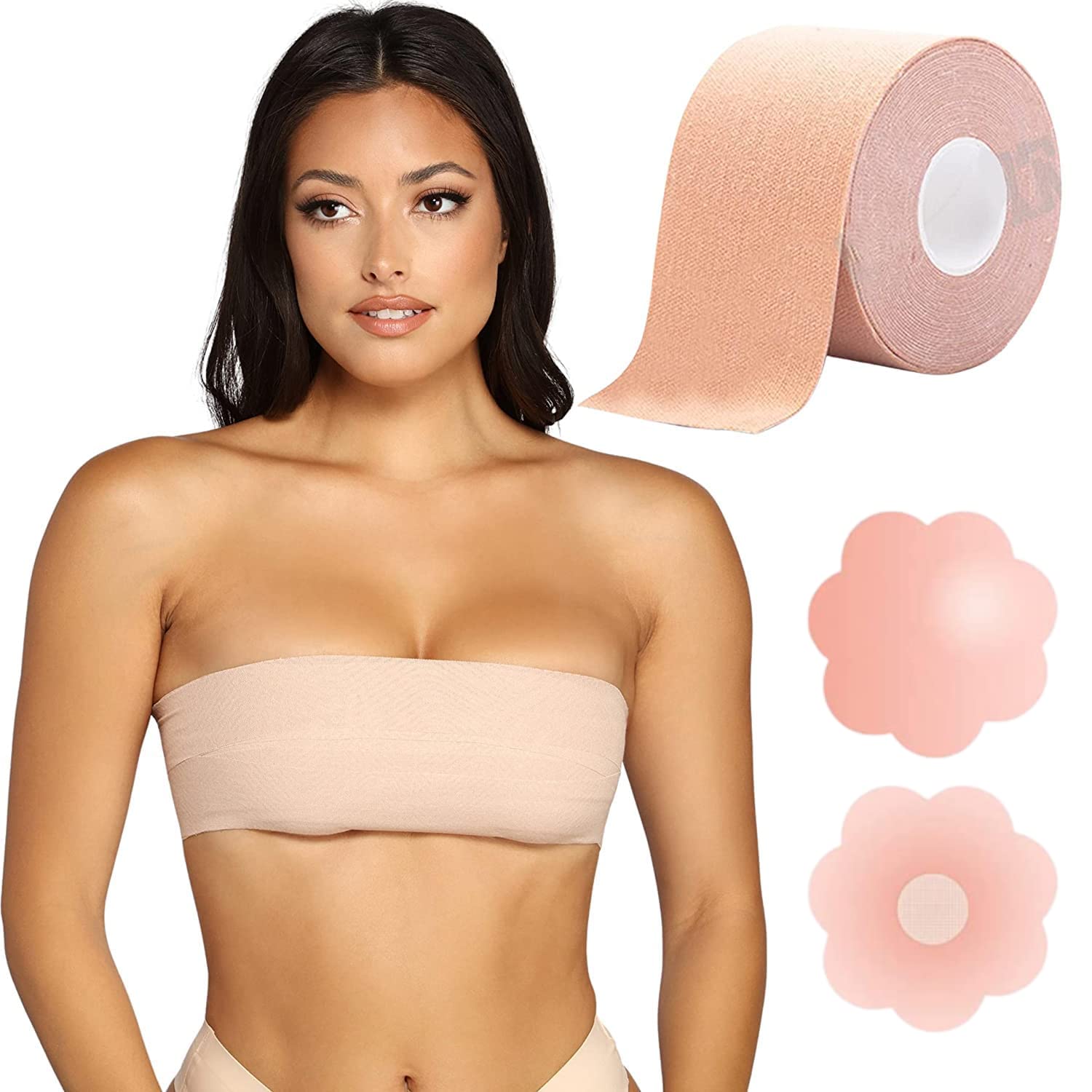 Nipple Cover Silicone Pasties Reusable NoShow Bra for Women(skin friendly self adhesive washable breast petals lingerie, shoulder less backless dresses) Thin (Boob Tape+Disposable Pasties)-image-5