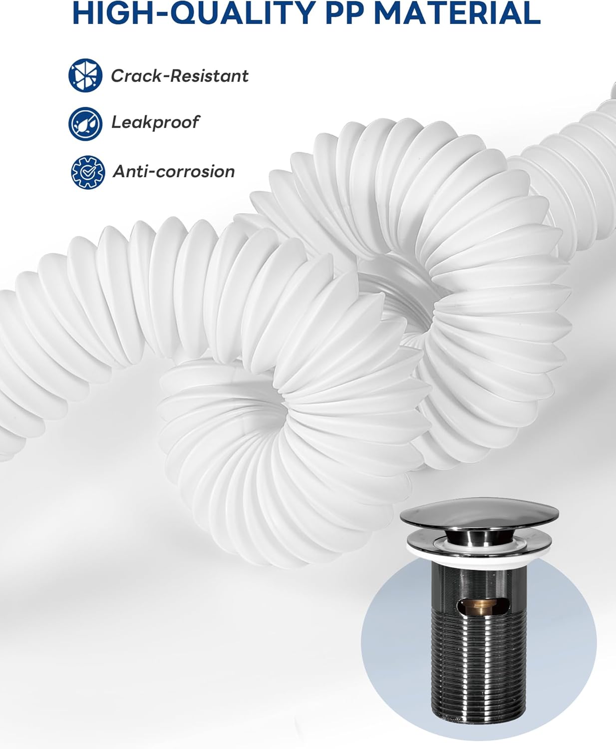 BOTEMY 1 1/2" Bathroom Sink Drain Kit with Flexible Drain P-Trap - No Tool Installation, Anti-Odor White Sink Drain Pipe Kit for Bathroom, Black Pop Up Stopper &Strainer Hair Catcher(with Overflow)