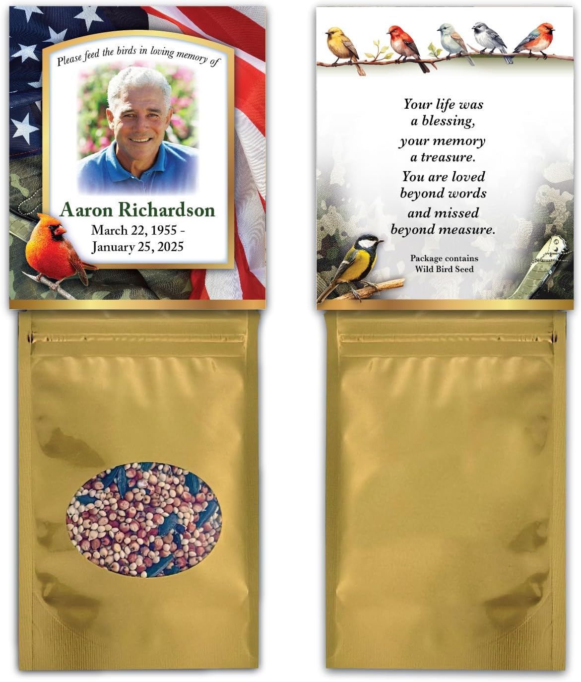Army USA Flag Personalized Photo Memorial Funeral Bird Seed Packets with Choice of Sympathy Poem, Tribute, Keepsake, Wild Bird Seed Favors, Remembrance, Celebration of Life, Veteran, Military - Qty 25